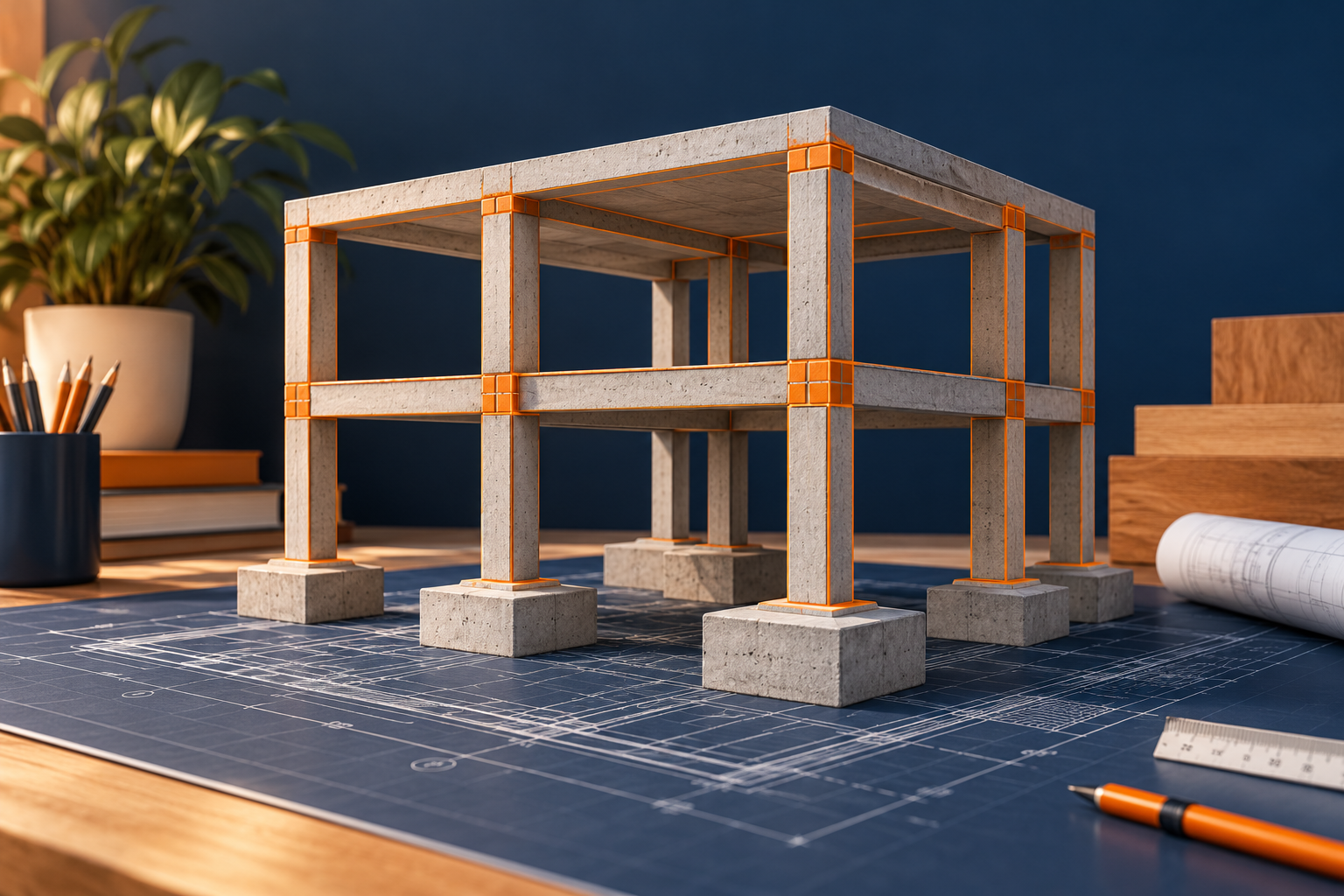 Maquete de pilares, vigas, lajes e fundações